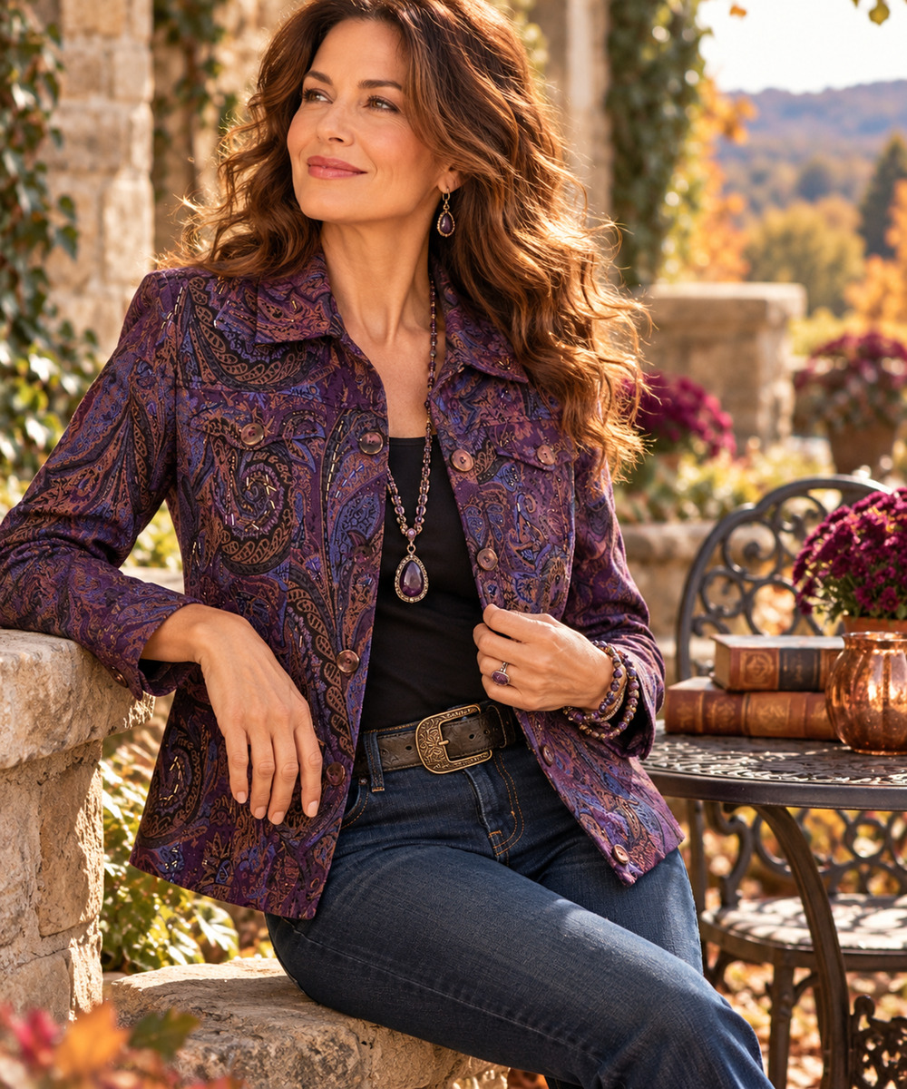 Coldwater Creek S Purple Paisley Beaded Tapestry Jacket Art to Wear Boho